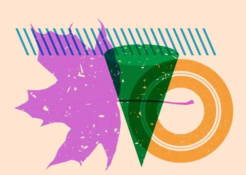 Risograph Autumn Leaf with geometric shapes. Objects in trendy riso graph p.. Stock Illustration