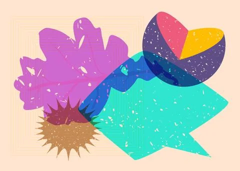 Risograph Autumn Leaf with speech bubble with geometric shapes. Objects in .. Illustrazione stock