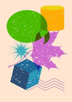 Risograph Autumn Leaf with speech bubble with geometric shapes. Objects in .. Stock Illustration