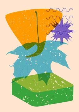Risograph Autumn Leaf with speech bubble with geometric shapes. Objects in .. Stock Illustration