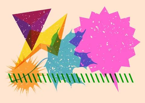 Risograph Autumn Leaf with speech bubble with geometric shapes. Objects in .. Stock Illustration