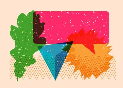 Risograph Autumn Leaf with speech bubble with geometric shapes. Objects in .. Stock Illustration