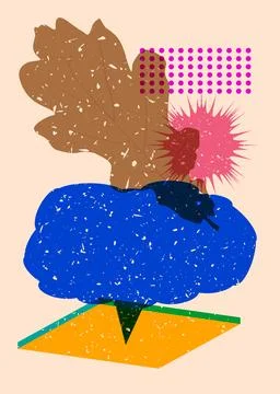 Risograph Autumn Leaf with speech bubble with geometric shapes. Objects in .. Stock Illustration