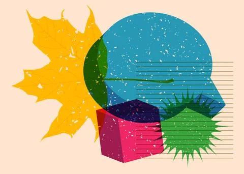 Risograph Autumn Leaf with speech bubble with geometric shapes. Objects in .. 스톡 일러스트