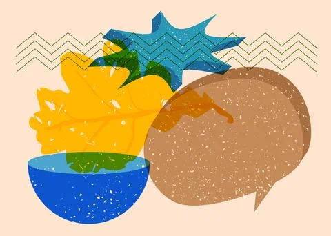 Risograph Autumn Leaf with speech bubble with geometric shapes. Objects in .. Stock Illustration