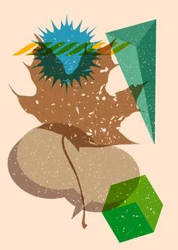 Risograph Autumn Leaf with speech bubble with geometric shapes. Objects in .. Illustrazione stock