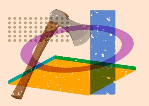 Risograph axe with geometric shapes. Objects in trendy riso graph print tex.. Illustration