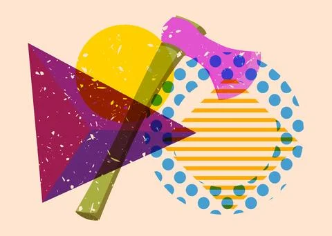 Risograph axe with geometric shapes. Objects in trendy riso graph print tex.. Illustration
