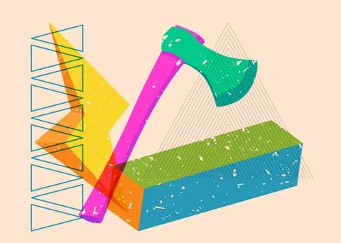 Risograph axe with geometric shapes. Objects in trendy riso graph print tex.. Illustration