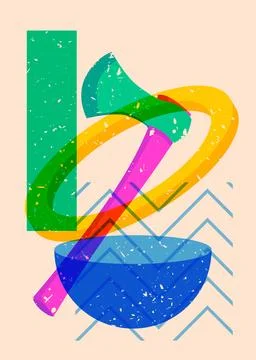 Risograph axe with geometric shapes. Objects in trendy riso graph print tex.. Illustration