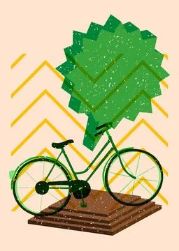 Risograph bicycle with speech bubble with geometric shapes. Objects in tren.. Stock Illustration