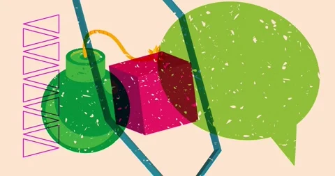 Risograph Bomb and speech bubble with geometric elements Stock Footage 306195092