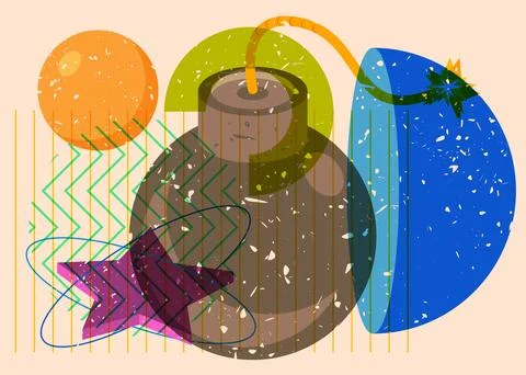 Risograph Bomb with geometric shapes. Objects in trendy riso graph print te.. Stock Illustration