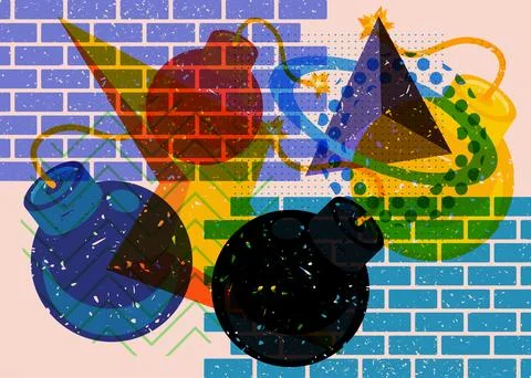 Risograph Bomb with geometric shapes. Objects in trendy riso graph print te.. Stock Illustration