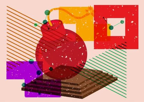 Risograph Bomb with geometric shapes. Objects in trendy riso graph print te.. Stock Illustration