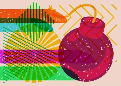 Risograph Bomb with geometric shapes. Objects in trendy riso graph print te.. Stock Illustration