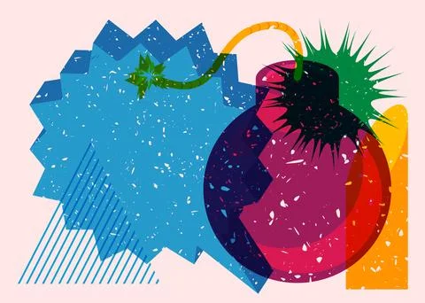 Risograph bomb with speech bubble and geometric shapes. Object in trendy ri.. Stock Illustration