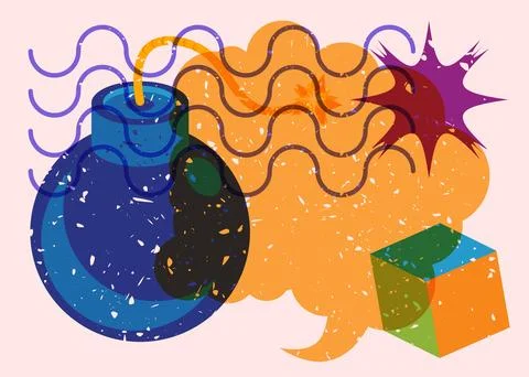 Risograph bomb with speech bubble and geometric shapes. Object in trendy ri.. Stock Illustration