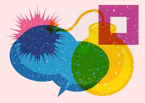 Risograph bomb with speech bubble and geometric shapes. Object in trendy ri.. Stock Illustration