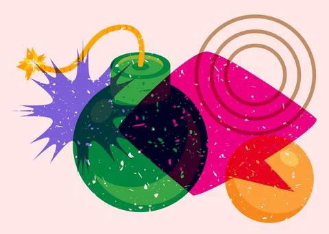 Risograph bomb with speech bubble and geometric shapes. Object in trendy ri.. Stock Illustration