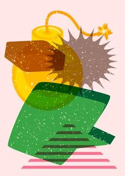 Risograph bomb with speech bubble and geometric shapes. Object in trendy ri.. Stock Illustration