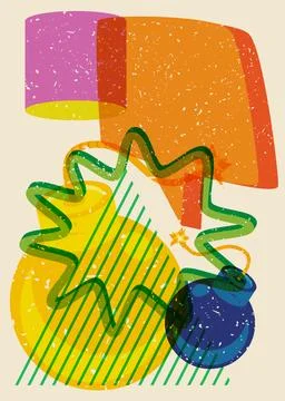 Risograph Bomb with speech bubble with geometric shapes. Objects in trendy .. Stock Illustration