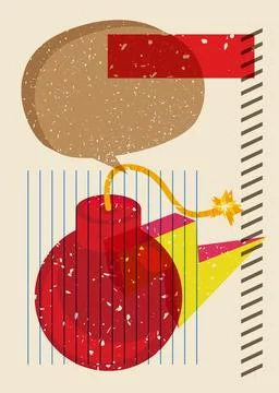 Risograph Bomb with speech bubble with geometric shapes. Objects in trendy .. Stock Illustration