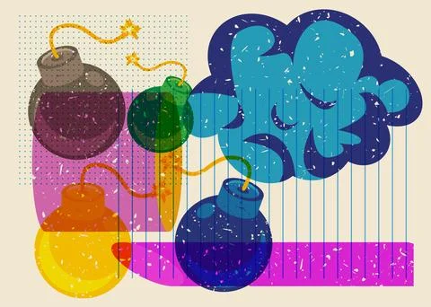 Risograph Bomb with speech bubble with geometric shapes. Objects in trendy .. 스톡 일러스트