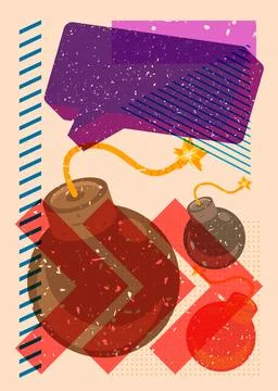 Risograph Bomb with speech bubble with geometric shapes. Objects in trendy .. Stock Illustration