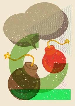Risograph Bomb with speech bubble with geometric shapes. Objects in trendy .. 스톡 일러스트