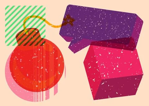Risograph Bomb with speech bubble with geometric shapes. Objects in trendy .. 스톡 일러스트