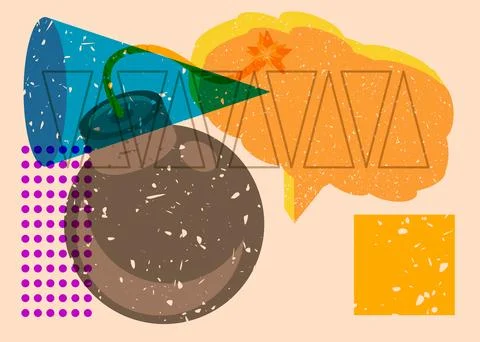 Risograph Bomb with speech bubble with geometric shapes. Objects in trendy .. Stock Illustration