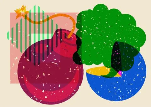 Risograph Bomb with speech bubble with geometric shapes. Objects in trendy .. Stock Illustration