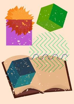 Risograph Book with geometric shapes. Objects in trendy riso graph print te.. Stock Illustration