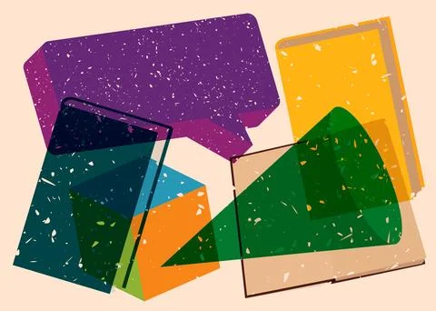 Risograph Book with speech bubble with geometric shapes. Objects in trendy .. Stock Illustration