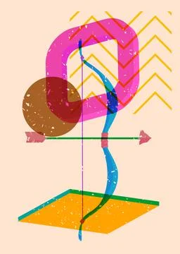 Risograph Bow and arrow with geometric shapes. Objects in trendy riso graph.. Illustrazione stock