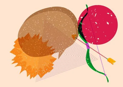 Risograph Bow and arrow with speech bubble with geometric shapes. Objects i.. Illustrazione stock