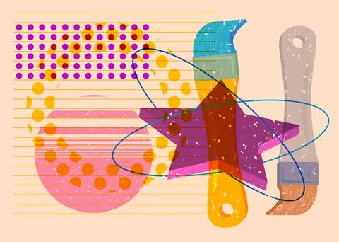 Risograph Brush with geometric shapes. Objects in trendy riso graph print t.. イラスト素材