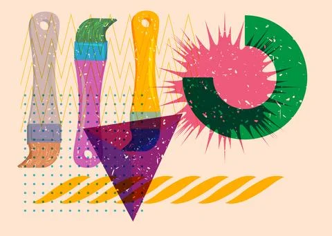Risograph Brush with geometric shapes. Objects in trendy riso graph print t.. 库存插图