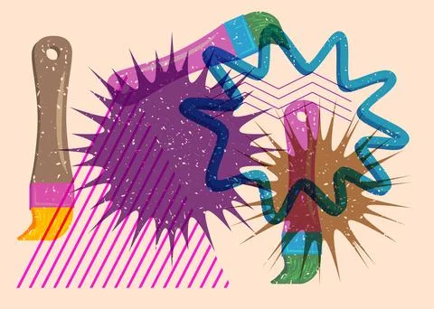 Risograph Brush with geometric shapes. Objects in trendy riso graph print t.. イラスト素材