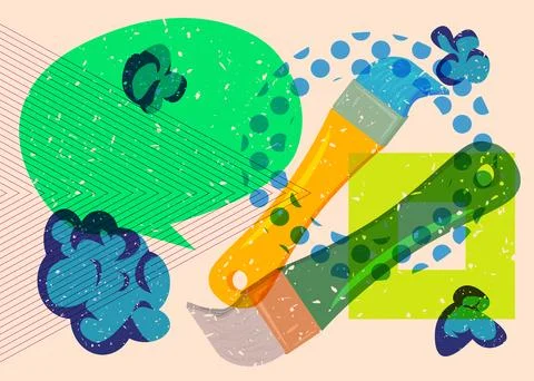 Risograph Brush with speech bubble with geometric shapes. Objects in trendy.. Stock Illustration