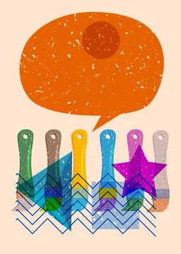 Risograph Brush with speech bubble with geometric shapes. Objects in trendy.. 스톡 일러스트