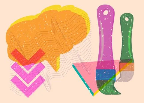 Risograph Brush with speech bubble with geometric shapes. Objects in trendy.. Stock Illustration