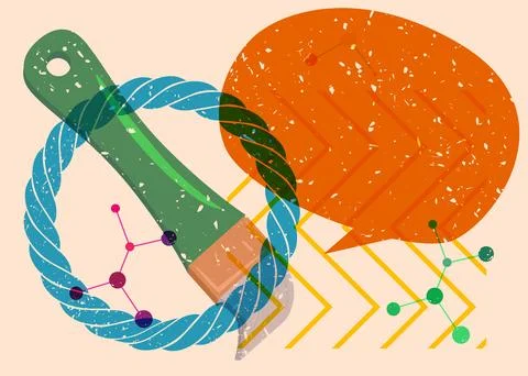 Risograph Brush with speech bubble with geometric shapes. Objects in trendy.. Stock Illustration