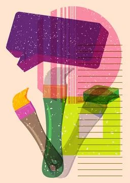 Risograph Brush with speech bubble with geometric shapes. Objects in trendy.. 스톡 일러스트