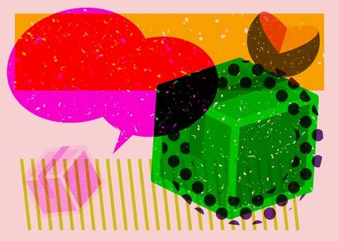 Risograph Cardboard Box with speech bubble with geometric shapes. Objects i.. 스톡 일러스트