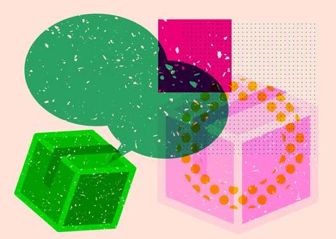Risograph Cardboard Box with speech bubble with geometric shapes. Objects i.. 스톡 일러스트