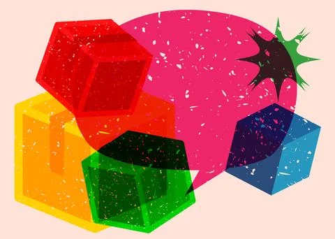 Risograph Cardboard Box with speech bubble with geometric shapes. Objects i.. 스톡 일러스트