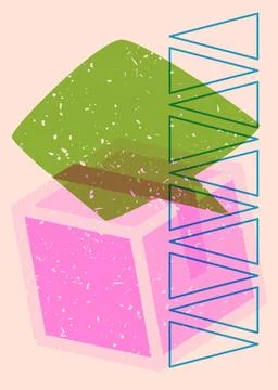 Risograph Cardboard Box with speech bubble with geometric shapes. Objects i.. 스톡 일러스트