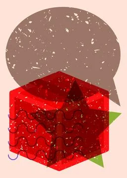 Risograph Cardboard Box with speech bubble with geometric shapes. Objects i.. 스톡 일러스트